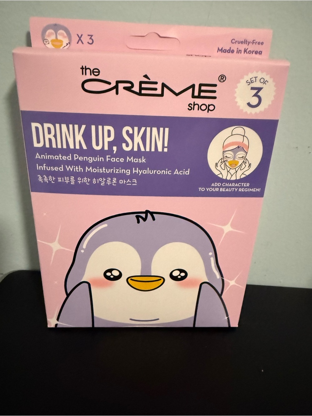 Creme Shop “Drink Up, Skin” Animated Penguin Face Mask. Package of three!